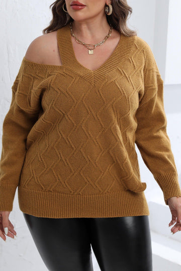 Woochic pull grande taille femme col en V épaules dénudées motif rhombique caramel 1XL